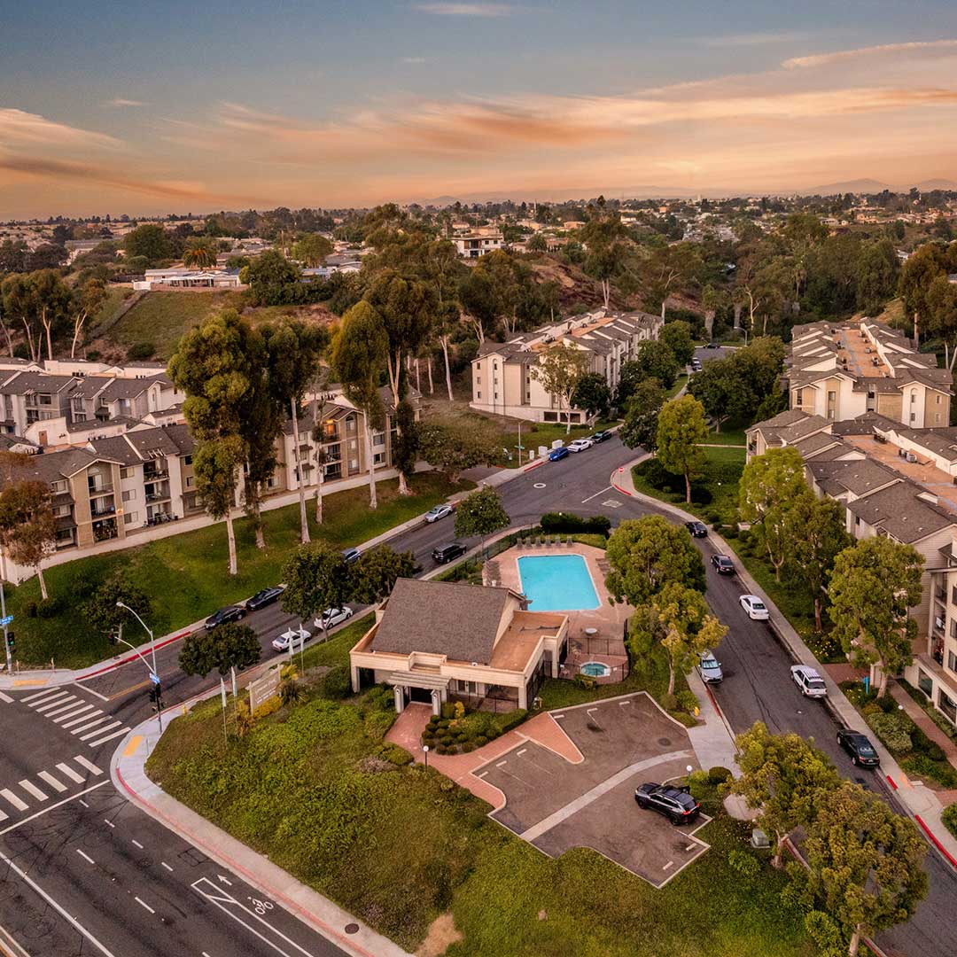 Aerial view of a residential neighborhood featuring houses and a swimming pool surrounded by greenery.