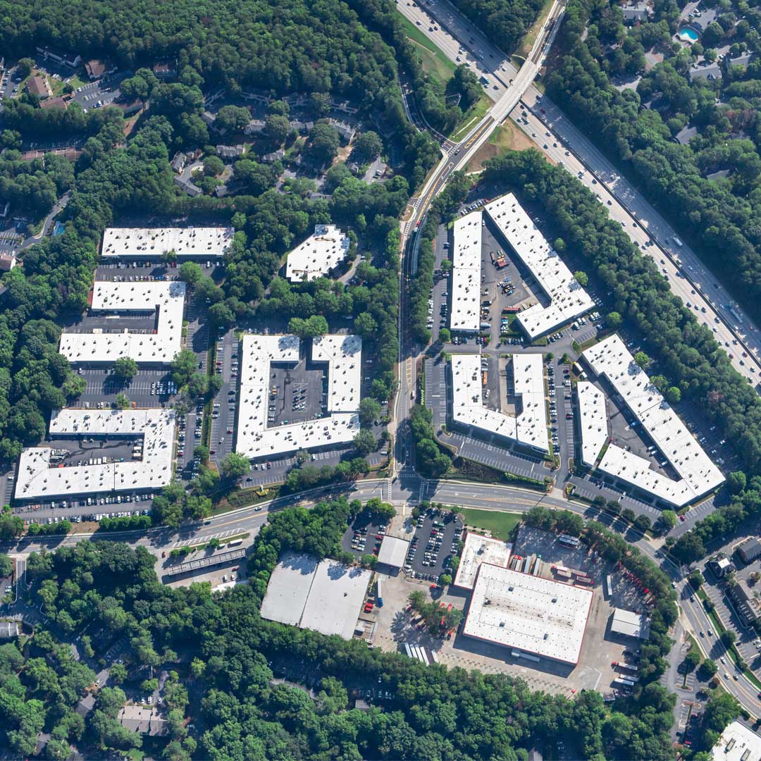 Aerial view of 7-building industrial campus