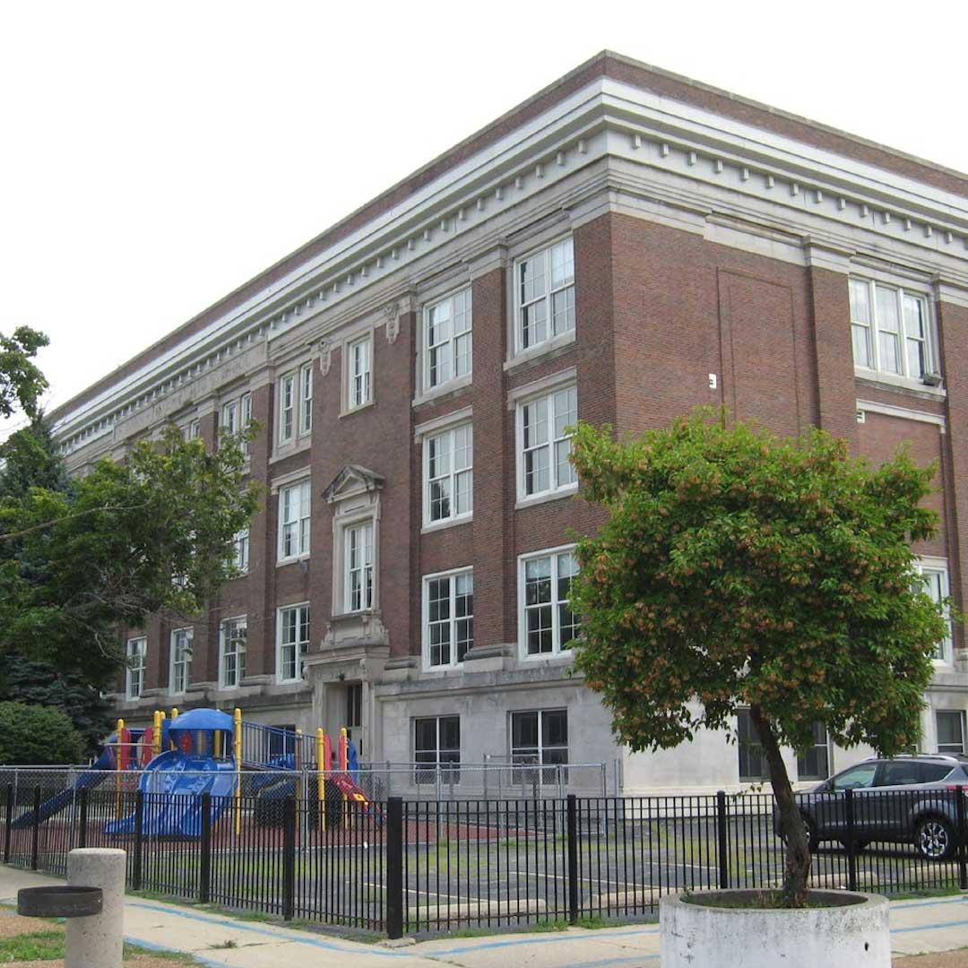 Exterior day time view of a former Chicago Public School building