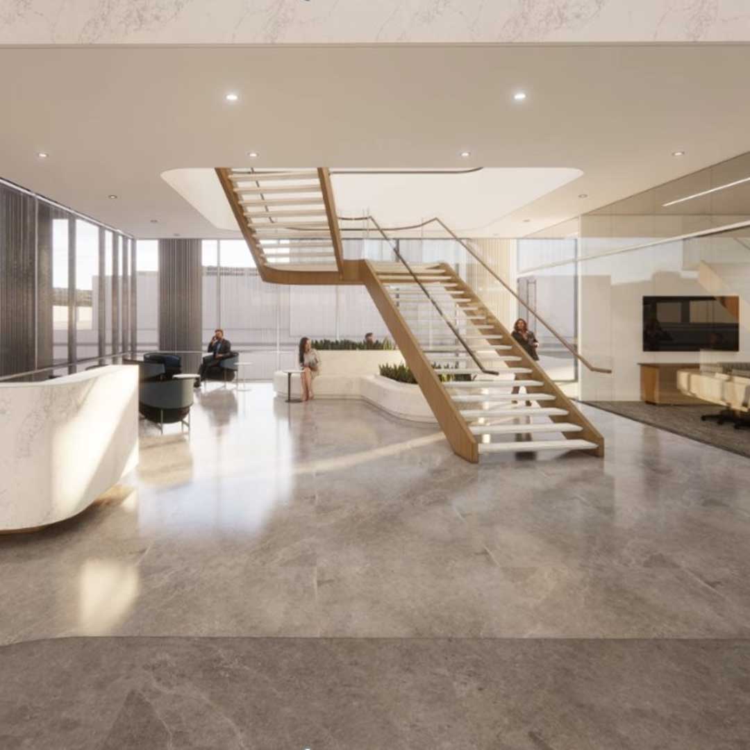 Interior lobby with staircase and front desk