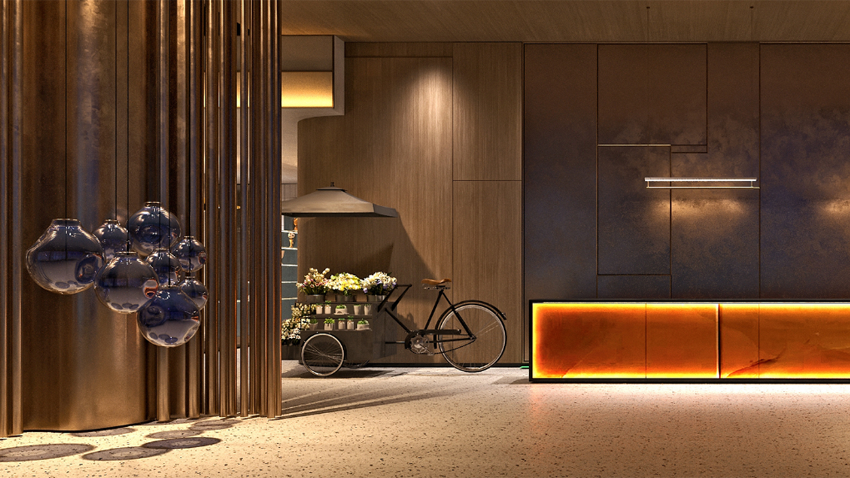 Modern hotel lobby with a backlit reception desk, decorative lighting, and stylish furniture.
